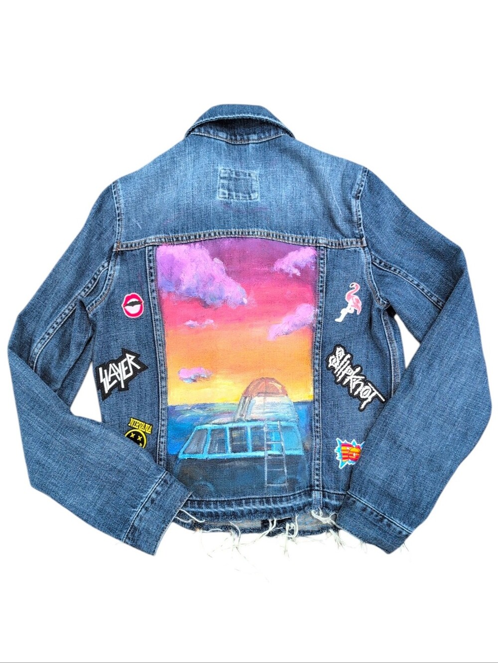 Abercombie And Fitch Denim Jacket Small Custom Hand Painted Back Band Concert